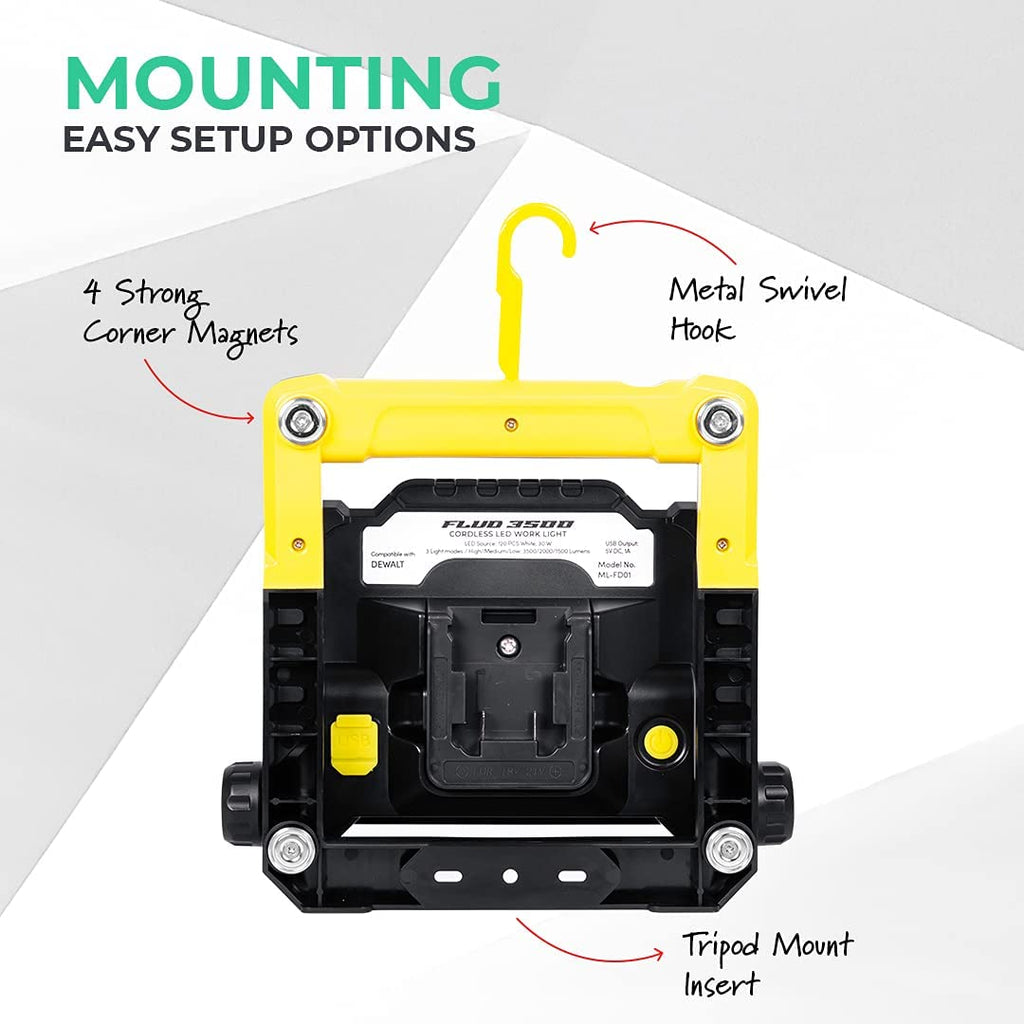 LED Work Flood Light for DeWalt 20V Batteries – 120 LEDs, USB Charging