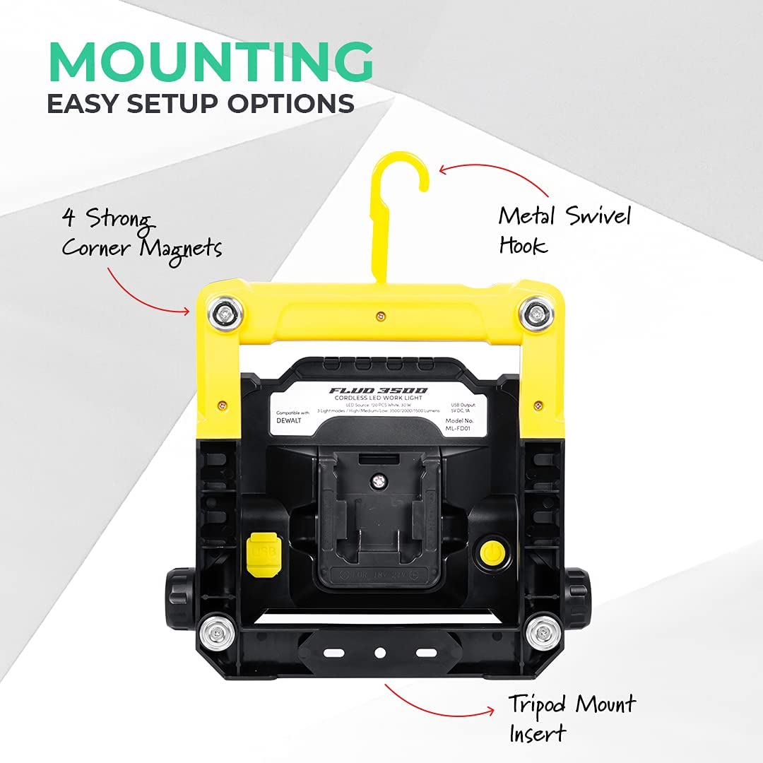 LED Work Flood Light for DeWalt 20V Batteries – 120 LEDs, USB Charging